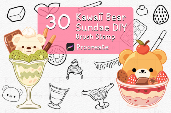 30 Brush Stamp Procreate, Bear Sundae Grafika Pędzle Przez K.Pin Drawing