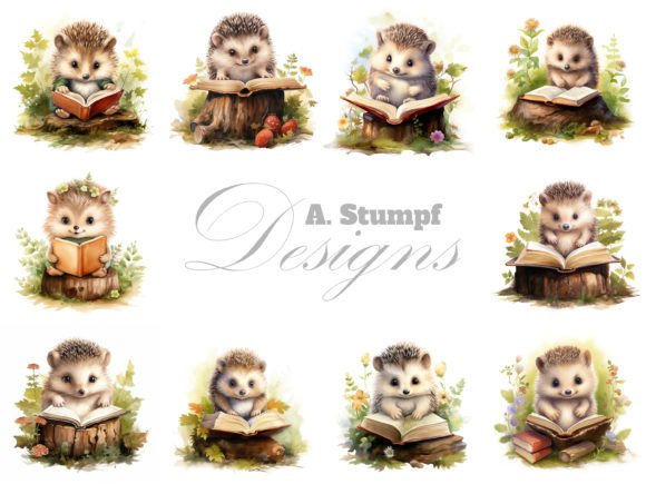 Baby Hedgehog Reading a Book Nursery Art Graphic Illustrations By Andreas Stumpf Designs