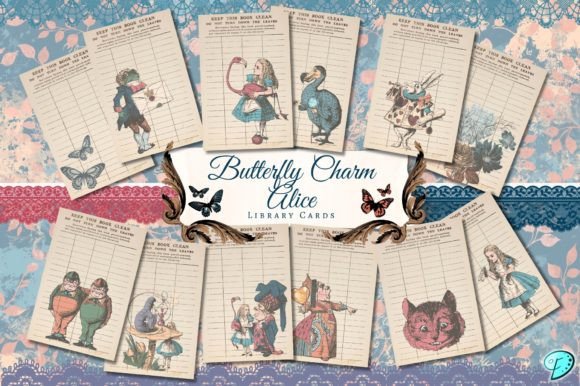Butterfly Charm Alice Library Cards Gráfico Objetos Gráficos de Alta Calidad Por Emily Designs