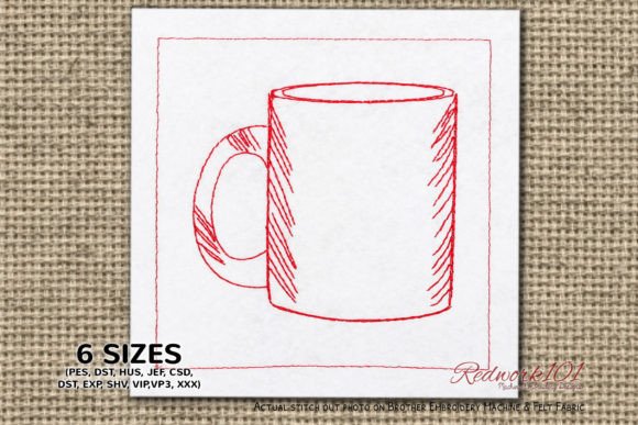 Ceramic Tea Mug Tea & Coffee Embroidery Design By Redwork101