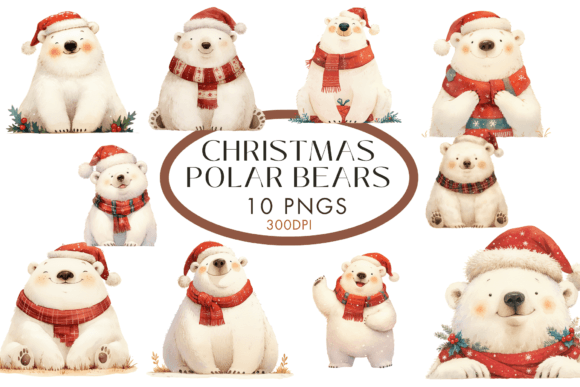 Christmas Polar Bears Clipart Afbeelding Afdrukbare Illustraties Door Watercolour Lilley