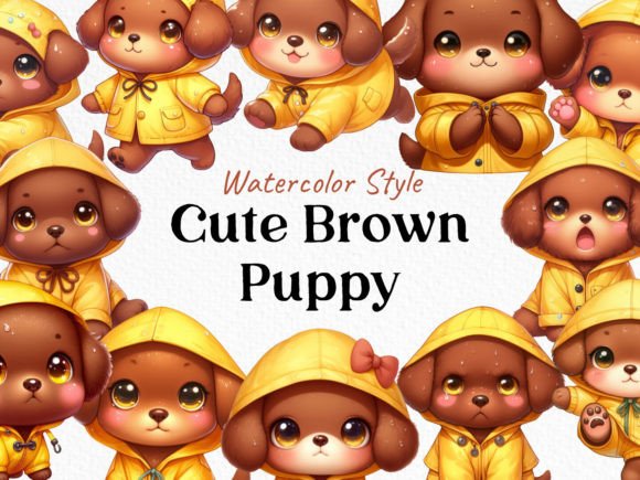 Watercolor Adorable Brown Puppy Clipar Gráfico Ilustraciones Imprimibles Por Kawaiiicon