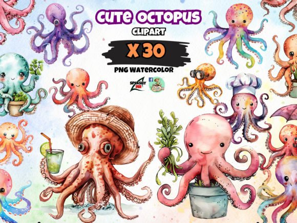Watercolor Cute Octopus Clipart PNG Grafik Plotterdateien Von SPLASHY FIN