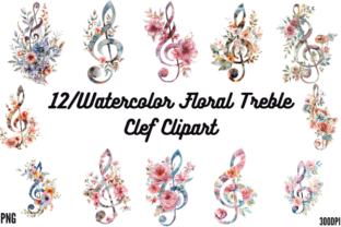 Watercolor Floral Treble Clef Clipart Gráfico Ilustrações para Impressão Por Creative Flow 1