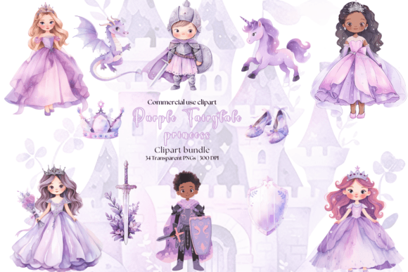 Watercolor Purple Fairytale Princess Graphic AI Illustrations By Clip Craft Emporium