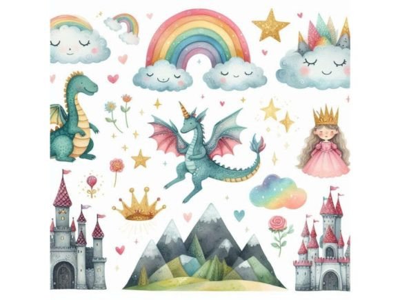 Watercolor Fairy Tale Collection with Cu Grafik KI Illustrationen Von A.I Illustration and Graphics