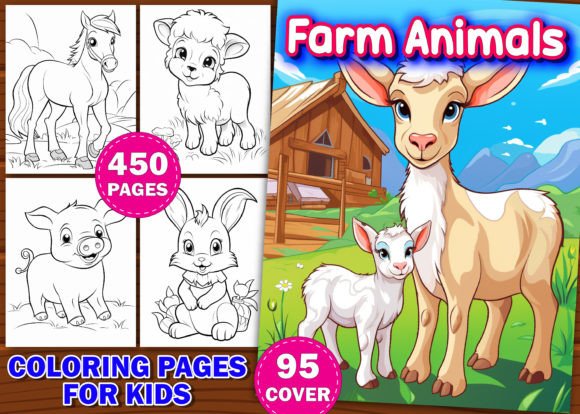 450 Farm Animals Coloring Pages for Kids Gráfico Páginas y libros de colorear para niños Por Design Shop