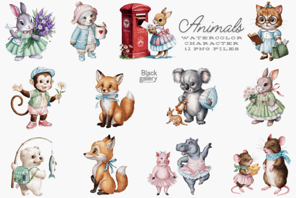 Animal Character Watercolor PNG Bundle Gráfico Manualidades Por hossenroni