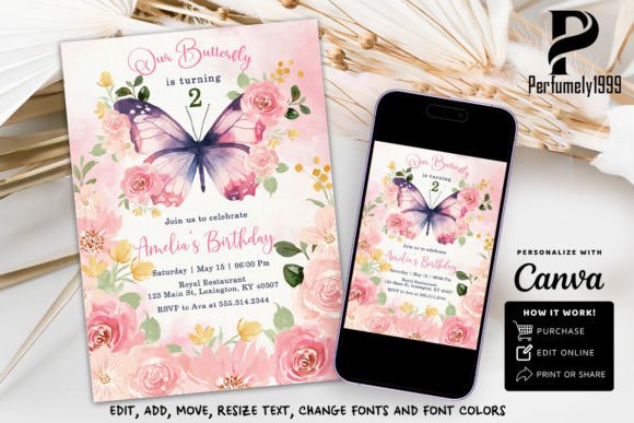 Butterfly Birthday Invite Template Canva Graphic Print Templates By perfumely1999