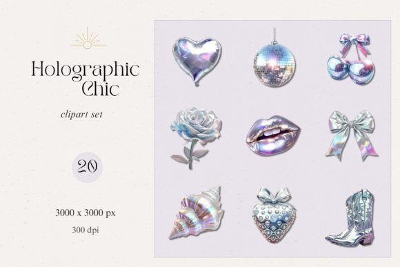 Coquette Holographic Chic Clipart Set Graphic Illustrations By pixelpoetryboutique
