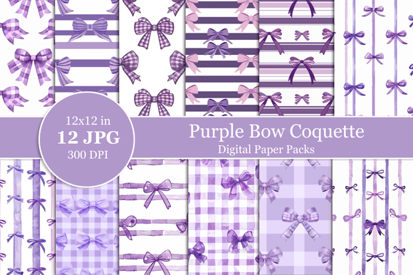 Purple Bow Coqutte Digital Paper Graphic Patterns By Nam Tiwa