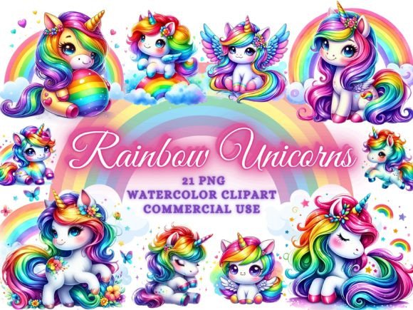 Rainbow Unicorns Clipart - Unicorn Png Gráfico Ilustraciones Imprimibles Por Artistic Revolution