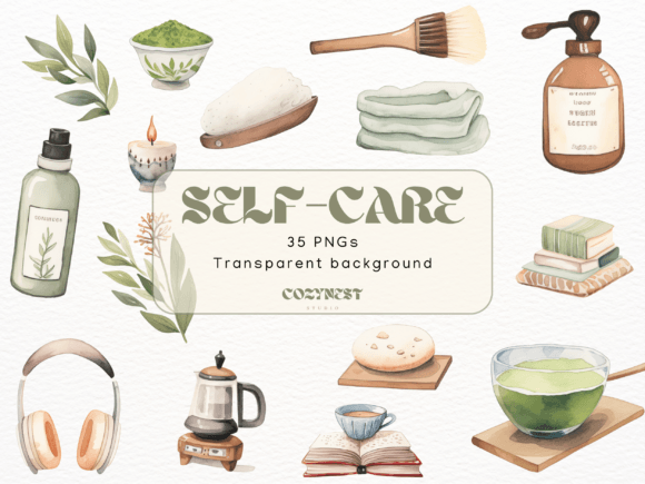 Self Care Essentials Watercolor Cliparts Gráfico PNG transparentes AI Por CozyNest Studio
