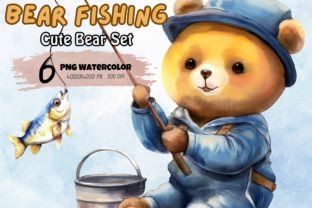 Watercolor Bear Fishing Clipart Craft Graphic Illustrations By SPLASHY FIN 1