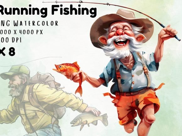 Watercolor Funny Fishing Clipart Gráfico Ilustraciones Imprimibles Por SPLASHY FIN