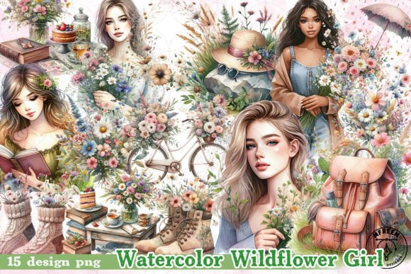 Watercolor Wildflower Girl Clipart PNG Graphic Illustrations By mfreem