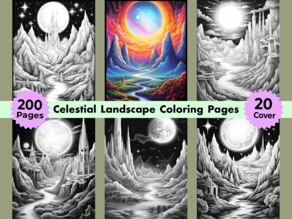 200 Celestial Landscape Coloring Pages Grafika Kolorowanki i książki dla dorosłych Przez WinSum Art