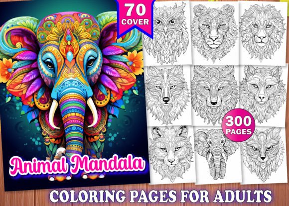 300 Adults Animal Mandala Coloring Book Gráfico Interiores KDP Por PLAY ZONE