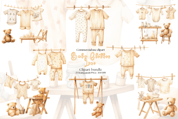 Baby Clothes Line Clipart - Neutral Graphic AI Illustrations By Clip Craft Emporium