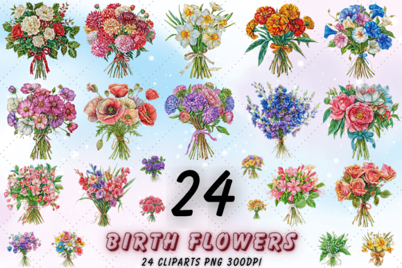 Birth Month Flower Sublimation Clipart Gráfico Ilustrações para Impressão Por Florid Printables