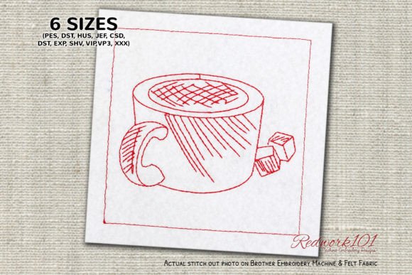 Coffee Mug with Sugar Cubes Tea & Coffee Embroidery Design By Redwork101