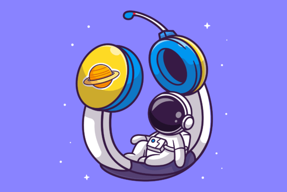 Cute Astronaut Sitting on Headphone Graphic Illustrations By catalyststuff