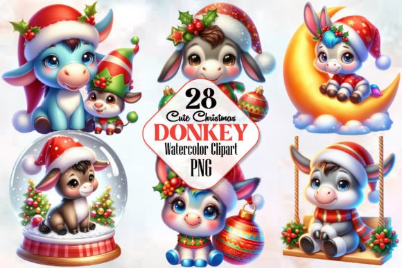 Cute Christmas Donkey Sublimation Bundle Gráfico Ilustraciones Imprimibles Por RobertsArt