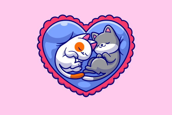 Cute Couple Cat Sleeping on Love Pillow Graphic Illustrations By catalyststuff