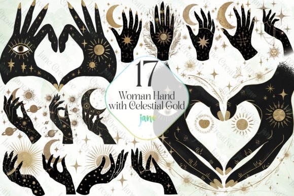 Woman Hand with Celestial Gold Bundle Illustration Illustrations Imprimables Par JaneCreative
