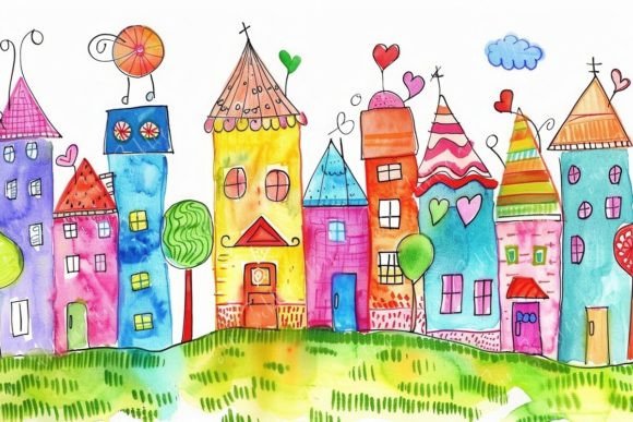 Colorful Whimsical Village Graphic Backgrounds By Sun Sublimation