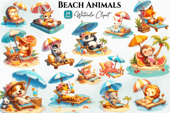 Cute Summer Beach Animals Watercolor Png Graphic AI Illustrations By Danishgraphics