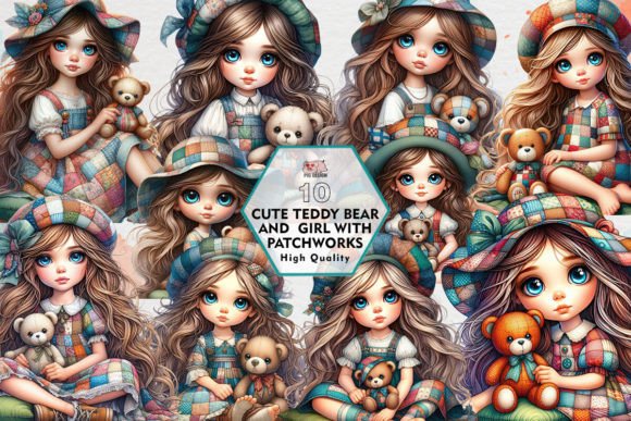Cute Teddy Bear and Girl with Patchwork Grafika Ilustracje do Druku Przez PIG.design