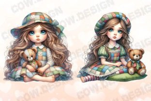 Patchwork Teddy and Cute Girl Clipart Graphic Illustrations By COW.design 2