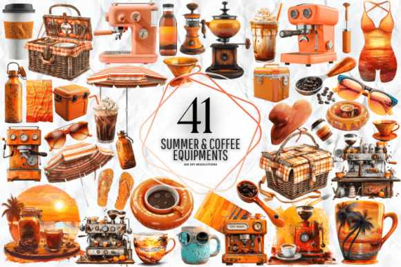 Summer & Coffee Equipments Sublimation Afbeelding Afdrukbare Illustraties Door Markicha Art