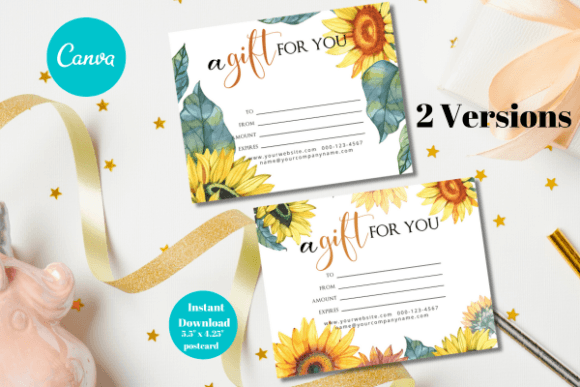 Sunflower Gift Card Canva Template Grafica Modelli di Stampa Di Dragonfly Printables