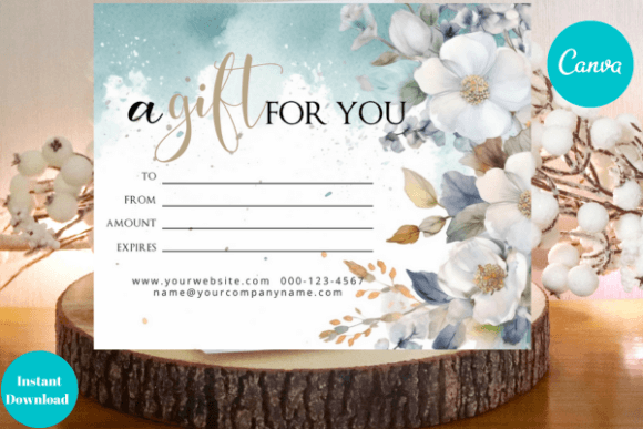 Teal Floral Gift Card Canva Template Grafica Modelli di Stampa Di Dragonfly Printables