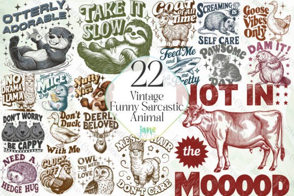 Vintage Funny Sarcastic Animal Bundle Grafik Druckbare Illustrationen Von JaneCreative