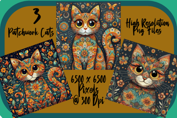 Whimsical Cats and Swirls Set of 3 Graphic Illustrations By Annie's AI Art