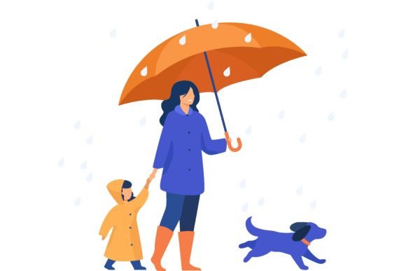 Woman with Umbrella, Girl in Raincoat an Grafika Ilustracje do Druku Przez pch.vector