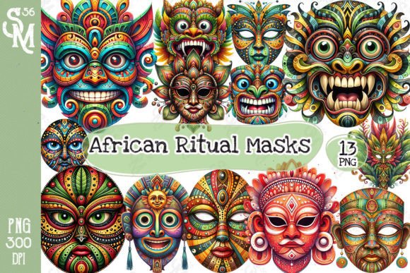 African Ritual Masks Clipart PNG Gráfico Ilustrações para Impressão Por StevenMunoz56