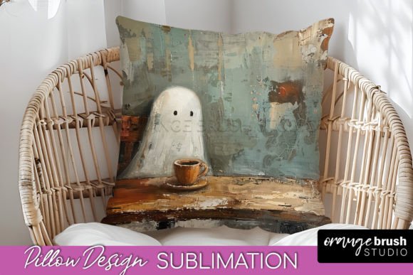 Cute Halloween Ghost Pillow Sublimation Grafika Rękodzieła Przez Orange Brush Studio