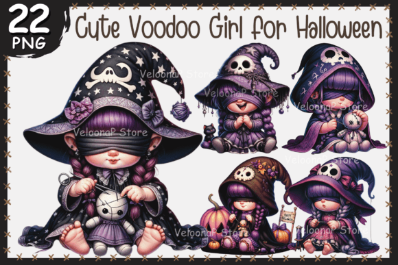 Cute VooDoo Girl Clipart for Halloween Afbeelding AI Illustraties Door VeloonaP