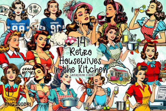 Retro Housewives in the Kitchen Clipart Grafik Druckbare Illustrationen Von LQ Design