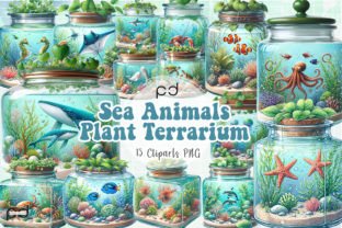 Sea Animals Plant Terrarium Clipart PNG Gráfico Ilustrações para Impressão Por Padma.Design 1