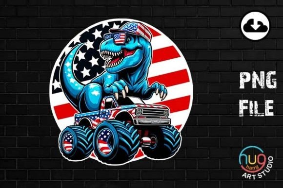 T-Rex Riding Monster Truck, 4th of July Illustration Designs de T-shirts Par HugHang Art Studio