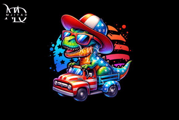 T-Rex Riding Monster Truck 4th of July Graphic AI Graphics By mjiyad