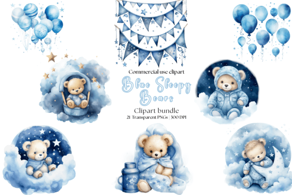 Watercolor Blue Sleeping Teddy Bears Gráfico Ilustraciones IA Por Clip Craft Emporium