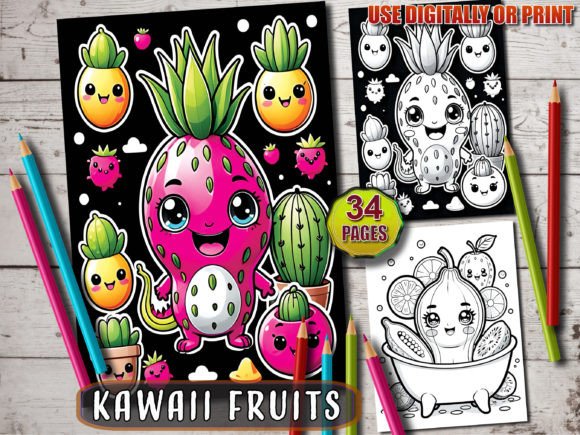 Adorable Kawaii Fruits Coloring Book Graphic AI Coloring Pages By bfoudil.bf