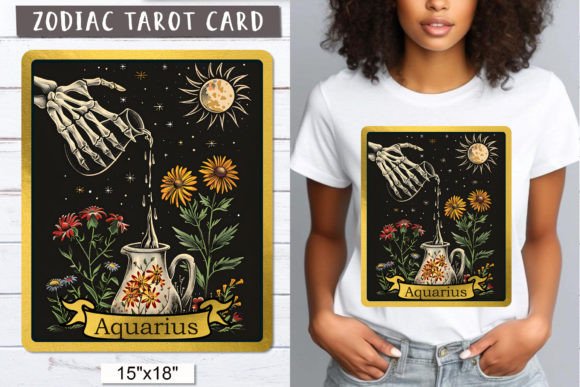 Aquarius Zodiac Sign Skeleton Tarot Card Gráfico Ilustrações para Impressão Por Olga Boat Design
