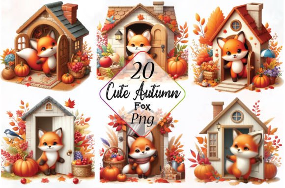 Autumn Cute Fox with House Clipart Gráfico Ilustraciones Imprimibles Por PinkDigitalArt